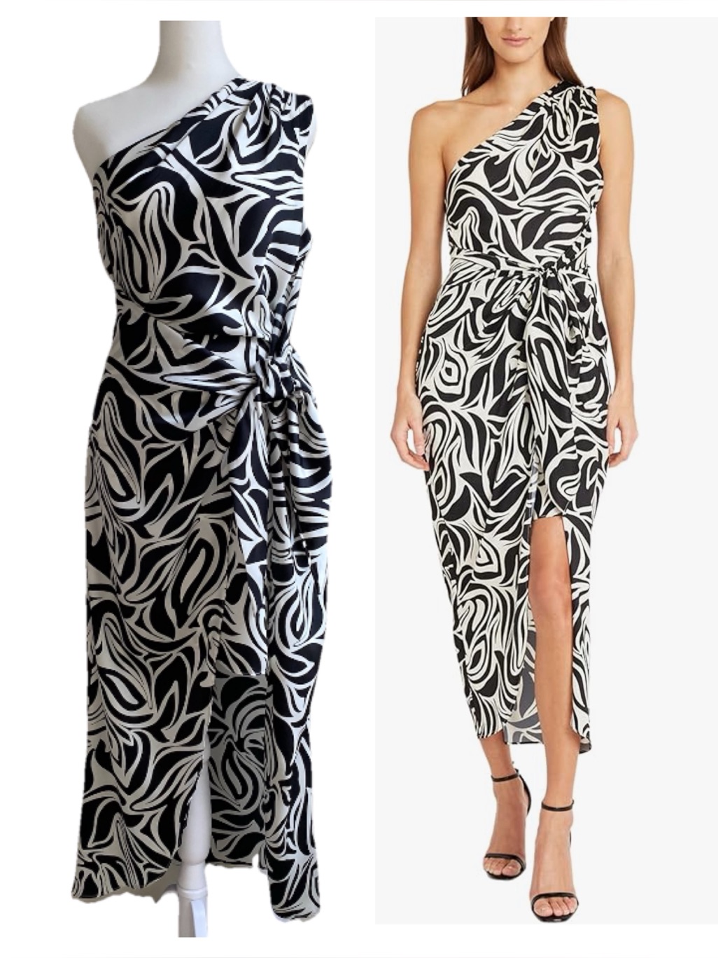 Donna Morgan One Shoulder Dress Black White Abstract Asymmetrical Midi Wrap 2